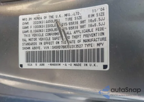 2005 Honda Cr-V Ex from USA, damaged, VIN SHSRD78835U313527